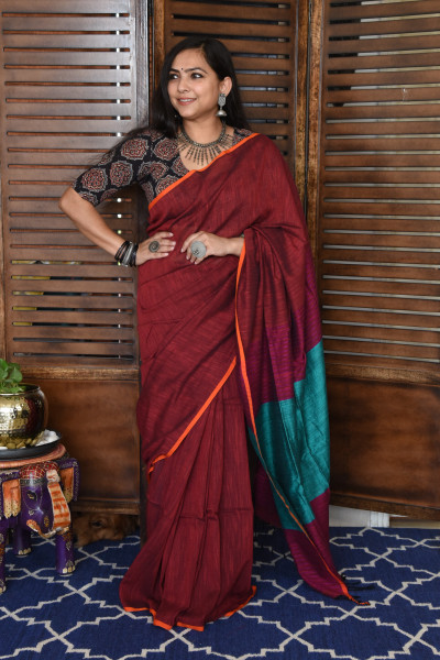 RED BENGAL COTTON SAREEE WITH GHICHA PALLA