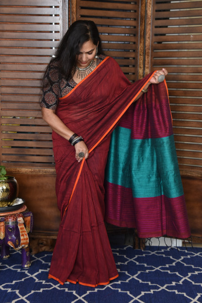 RED BENGAL COTTON SAREEE WITH GHICHA PALLA