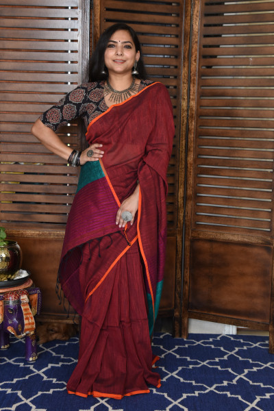 RED BENGAL COTTON SAREEE WITH GHICHA PALLA