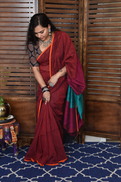 RED BENGAL COTTON SAREEE WITH GHICHA PALLA