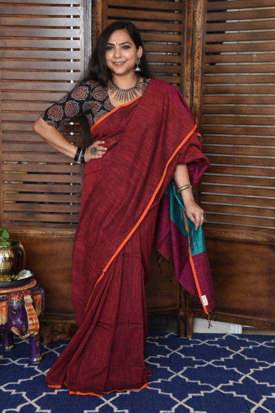 RED BENGAL COTTON SAREEE WITH GHICHA PALLA