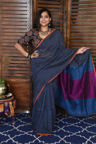 NAVAL GREY BENGAL COTTON SAREEE WITH GHICHA PALLA