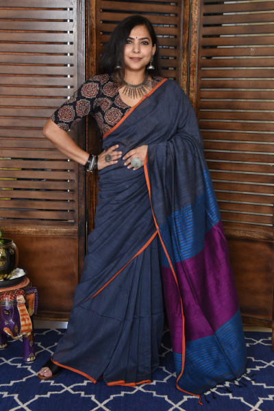 NAVAL GREY BENGAL COTTON SAREEE WITH GHICHA PALLA
