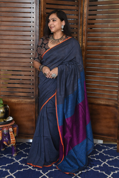NAVAL GREY BENGAL COTTON SAREEE WITH GHICHA PALLA