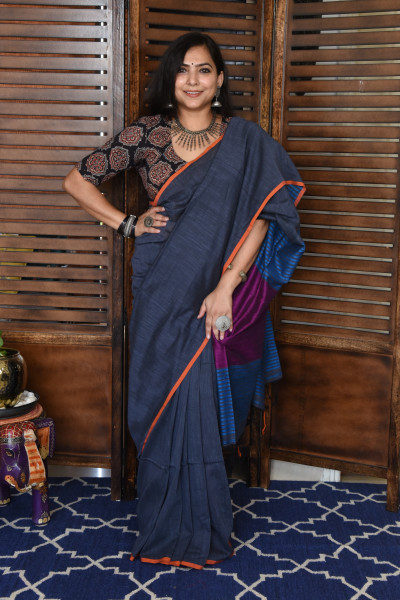 NAVAL GREY BENGAL COTTON SAREEE WITH GHICHA PALLA
