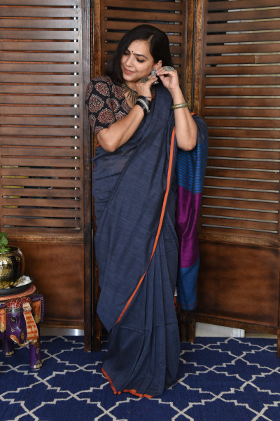 NAVAL GREY BENGAL COTTON SAREEE WITH GHICHA PALLA