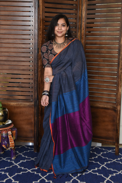 NAVAL GREY BENGAL COTTON SAREEE WITH GHICHA PALLA