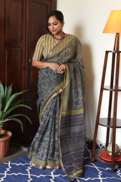 GREY GREEN FLORAL VANASPATI KOTA SAREE