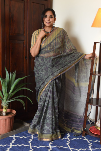 GREY GREEN FLORAL VANASPATI KOTA SAREE