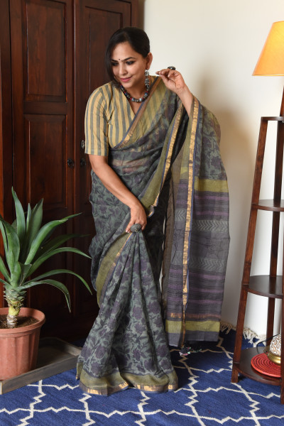 GREY GREEN FLORAL VANASPATI KOTA SAREE