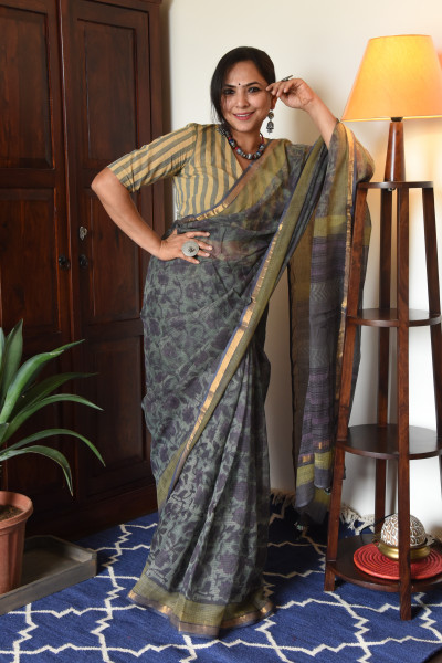 GREY GREEN FLORAL VANASPATI KOTA SAREE