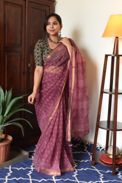 PLUM HANDBLOCK KOTA SAREE