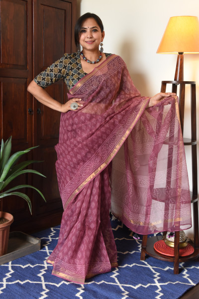 PLUM HANDBLOCK KOTA SAREE