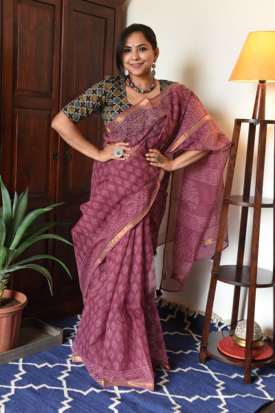 PLUM HANDBLOCK KOTA SAREE