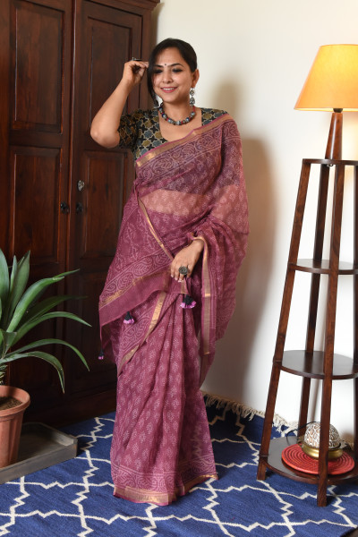 PLUM HANDBLOCK KOTA SAREE