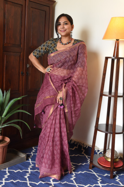 PLUM HANDBLOCK KOTA SAREE