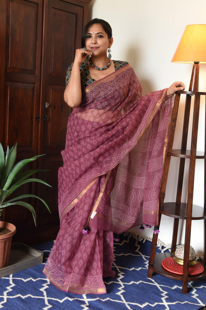 Image of PLUM HANDBLOCK KOTA SAREE