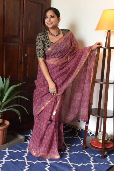 PLUM HANDBLOCK KOTA SAREE