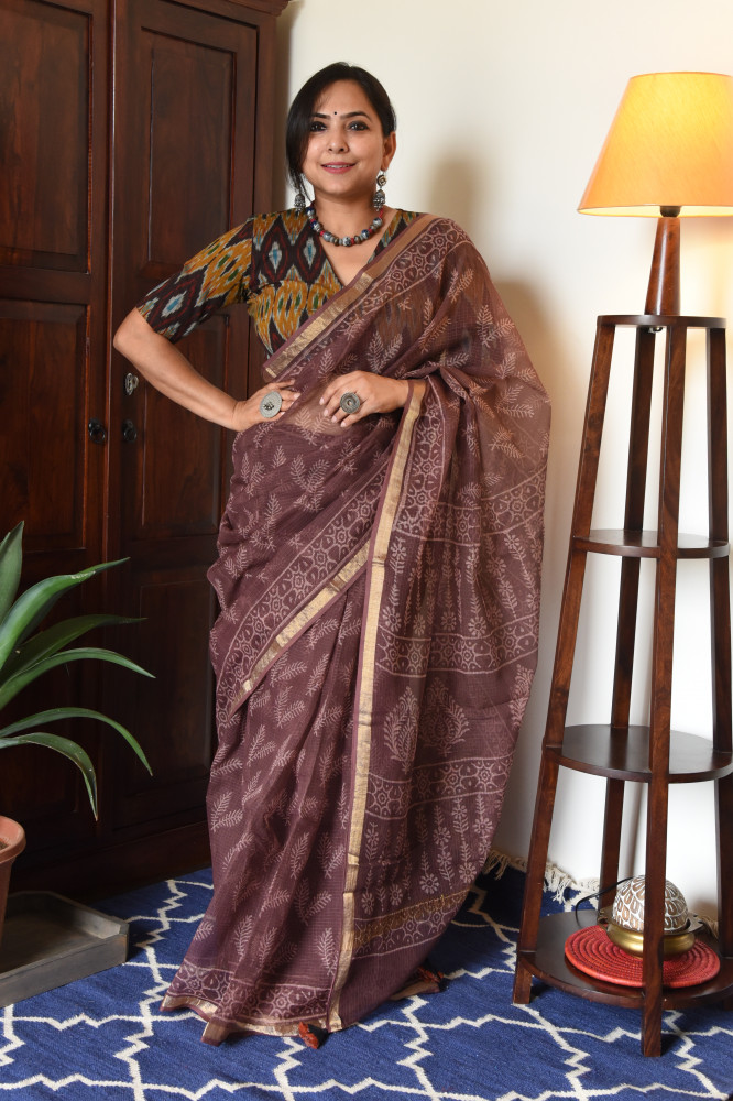 Image of BROWN HANDBLOCK KOTA SAREE