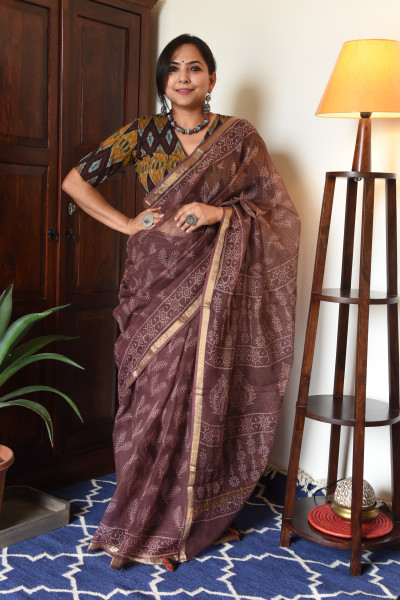 BROWN HANDBLOCK KOTA SAREE