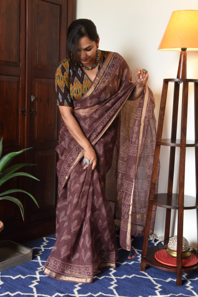 BROWN HANDBLOCK KOTA SAREE