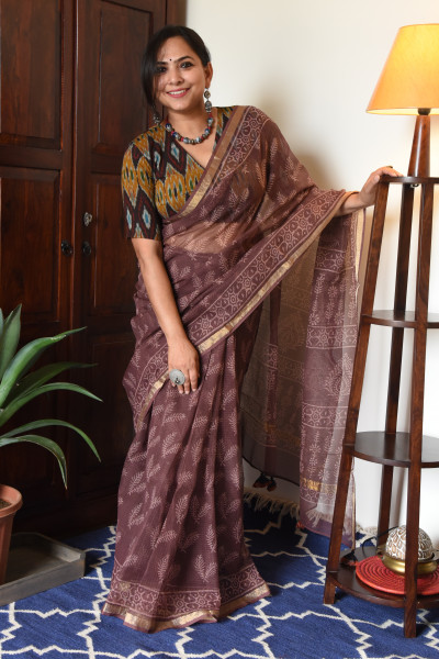 BROWN HANDBLOCK KOTA SAREE