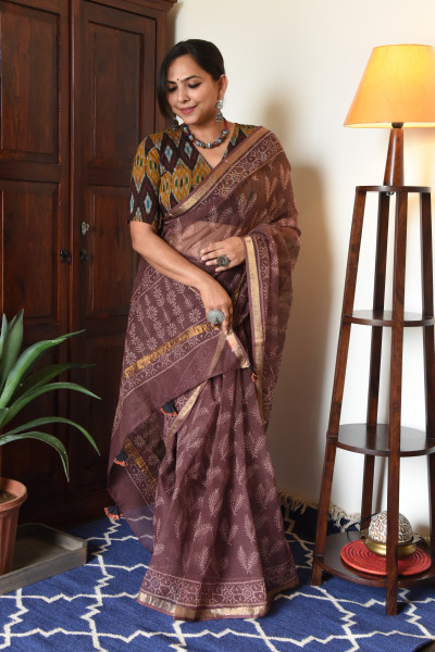 BROWN HANDBLOCK KOTA SAREE