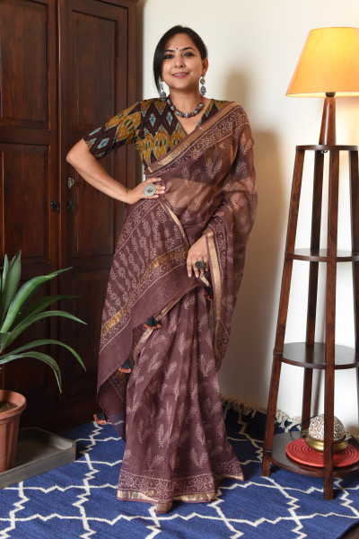 BROWN HANDBLOCK KOTA SAREE