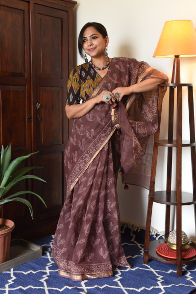 BROWN HANDBLOCK KOTA SAREE