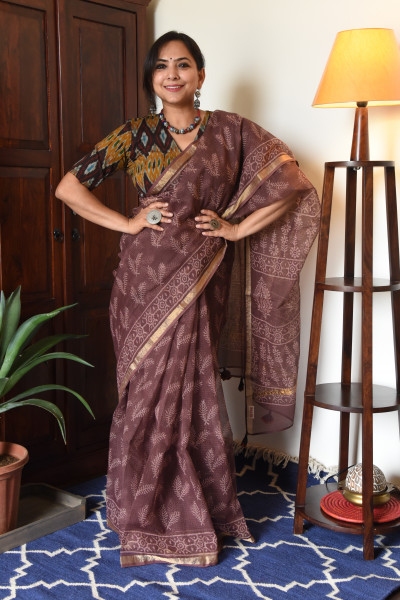 BROWN HANDBLOCK KOTA SAREE