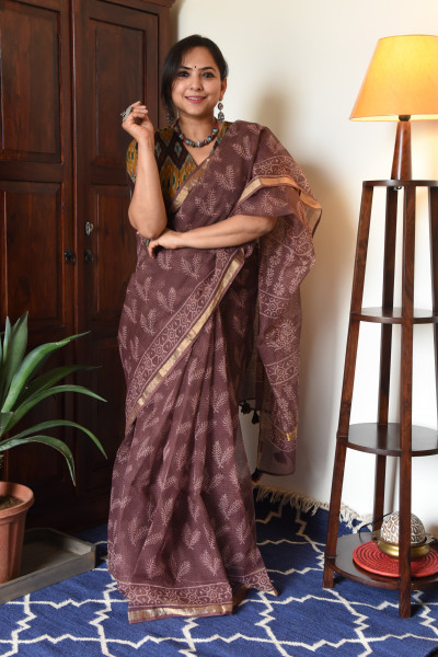 BROWN HANDBLOCK KOTA SAREE