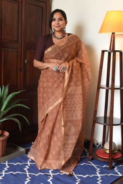 CARAMEL HANDBLOCK KOTA SAREE