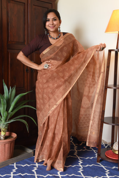 CARAMEL HANDBLOCK KOTA SAREE