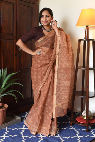 CARAMEL HANDBLOCK KOTA SAREE