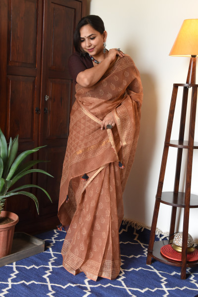CARAMEL HANDBLOCK KOTA SAREE