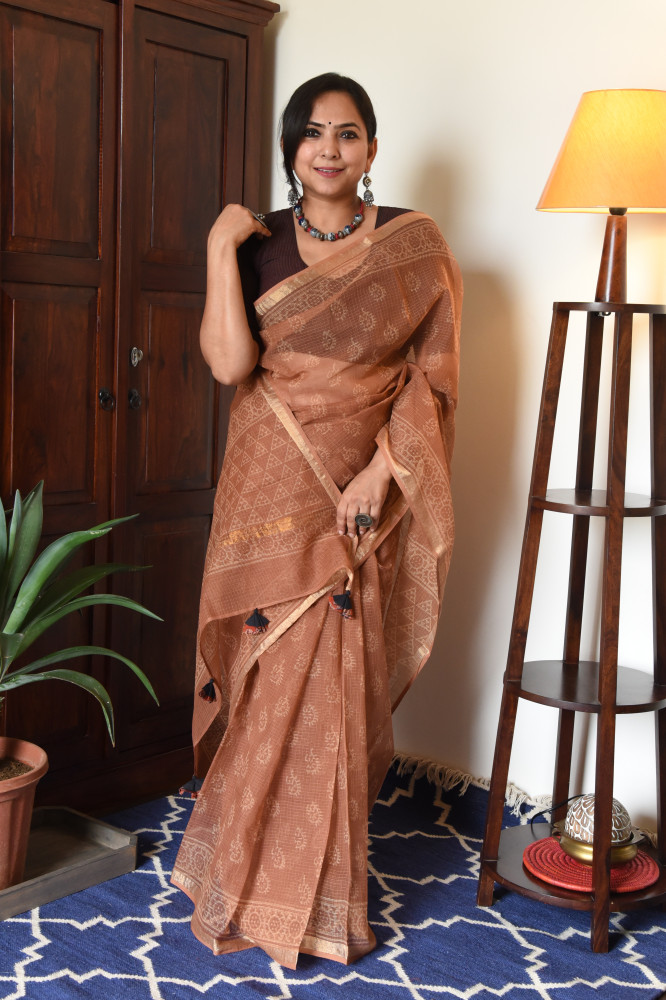 Image of CARAMEL HANDBLOCK KOTA SAREE