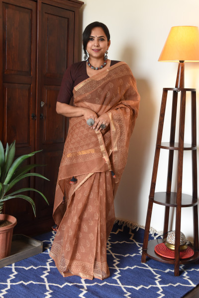 CARAMEL HANDBLOCK KOTA SAREE