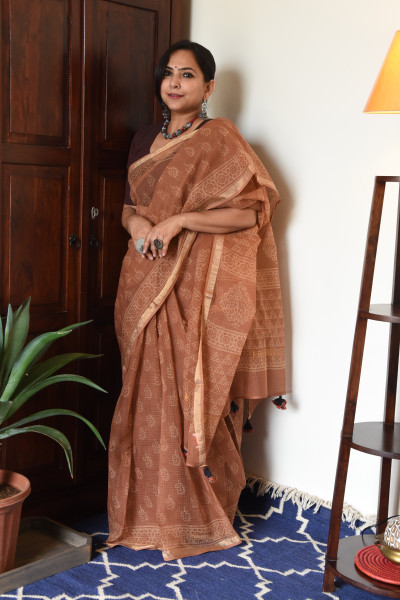 CARAMEL HANDBLOCK KOTA SAREE