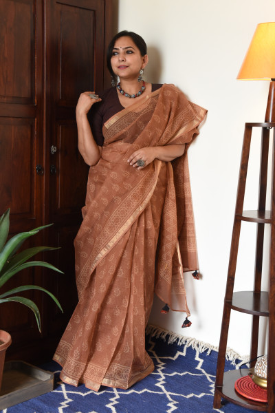 CARAMEL HANDBLOCK KOTA SAREE