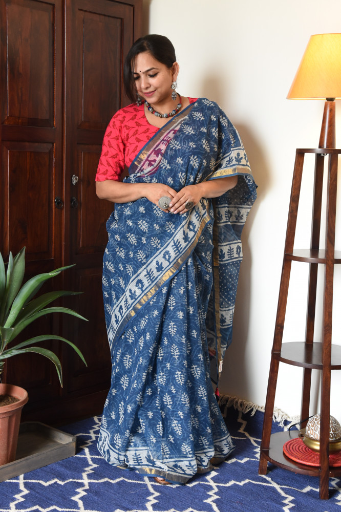 Image of INDIGO HANDBLOCK KOTA SAREE