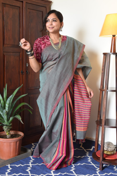 CROSS SHADED GREY MANGALGIRI STRIPPED SAREE