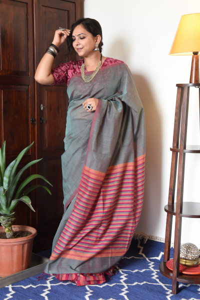 CROSS SHADED GREY MANGALGIRI STRIPPED SAREE