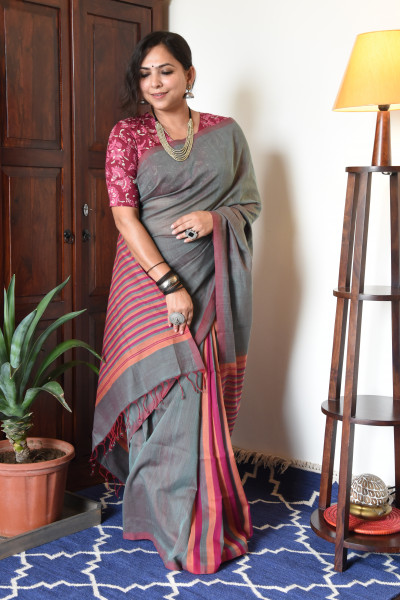CROSS SHADED GREY MANGALGIRI STRIPPED SAREE