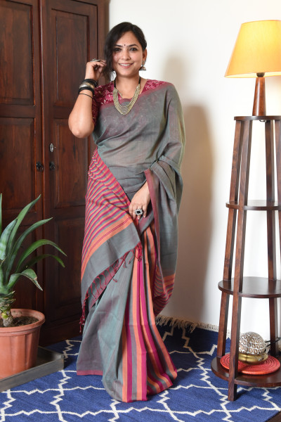 CROSS SHADED GREY MANGALGIRI STRIPPED SAREE