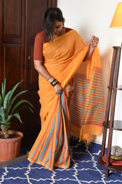 YELLOW MANGALGIRI STRIPPED SAREE