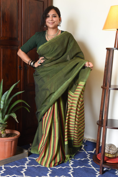 GREEN MANGALGIRI STRIPPED SAREE