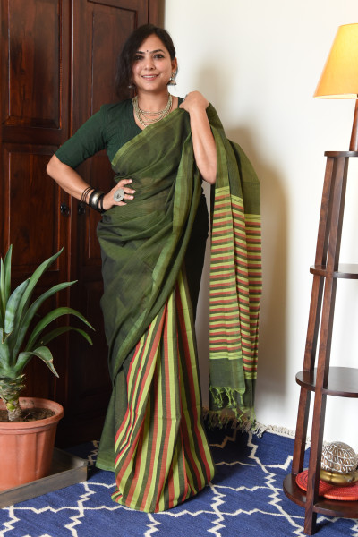 GREEN MANGALGIRI STRIPPED SAREE