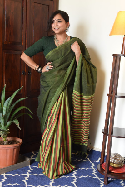 GREEN MANGALGIRI STRIPPED SAREE