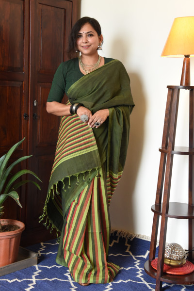 GREEN MANGALGIRI STRIPPED SAREE