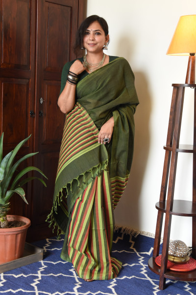 GREEN MANGALGIRI STRIPPED SAREE